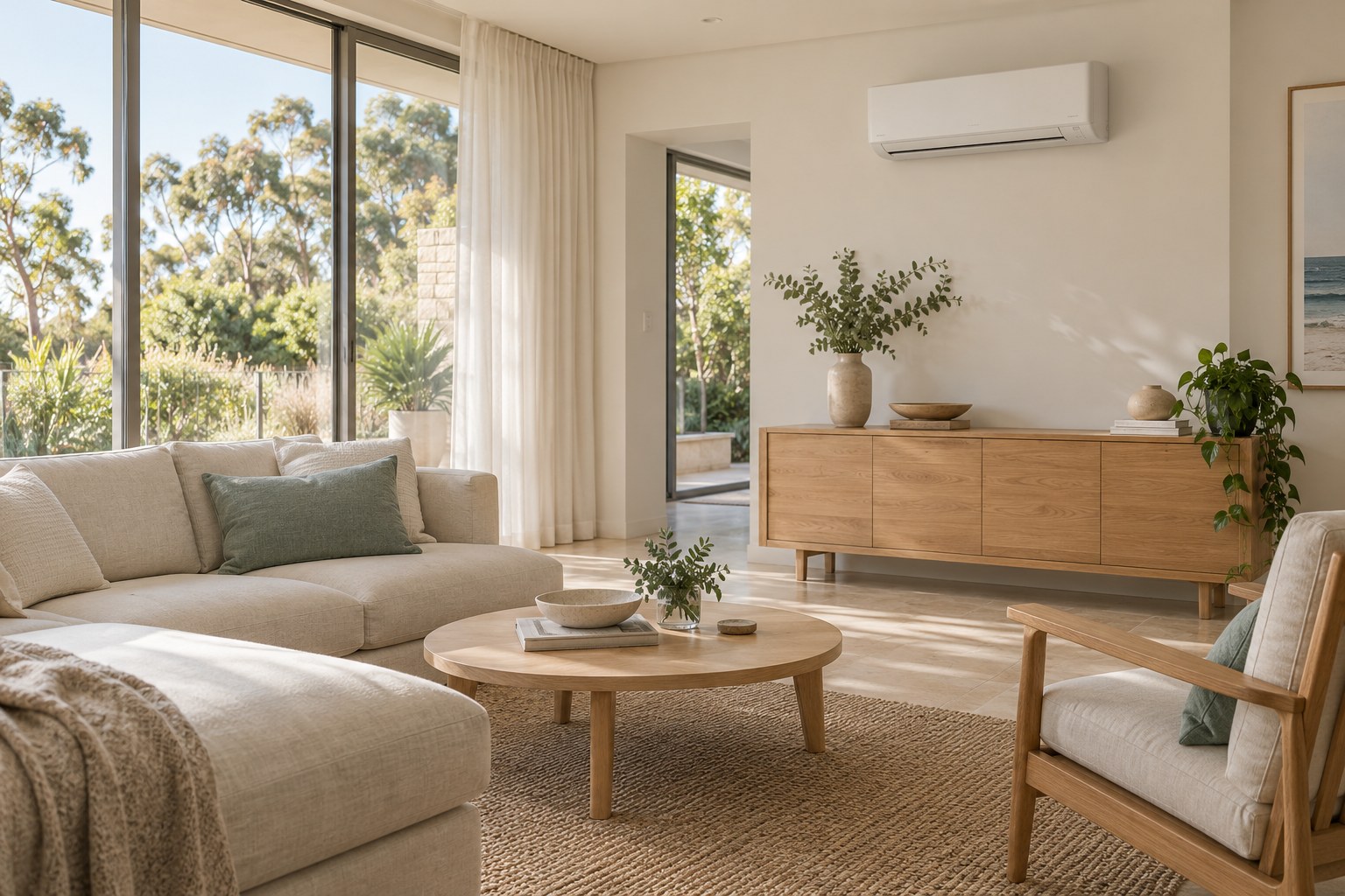 Illustrative living room with a wall-mounted split-system air conditioner